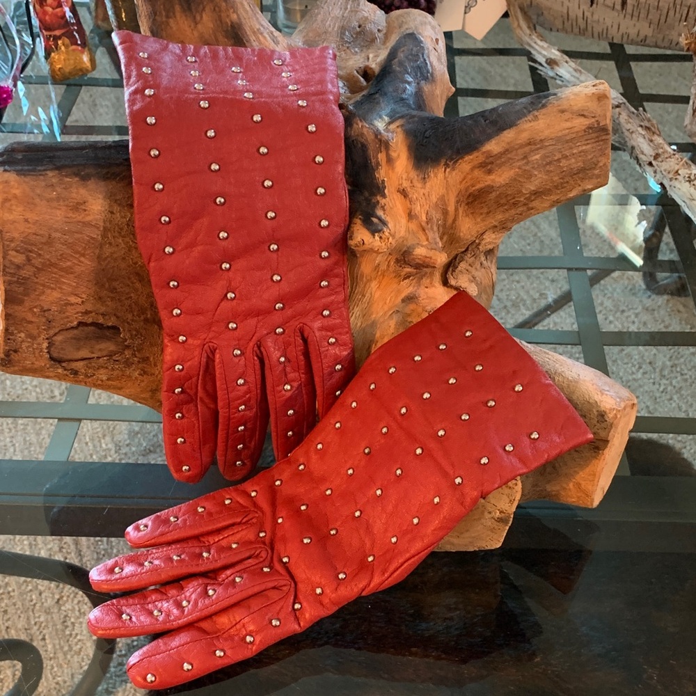 Red leather Studded Gloves Cashmere Lining Size M